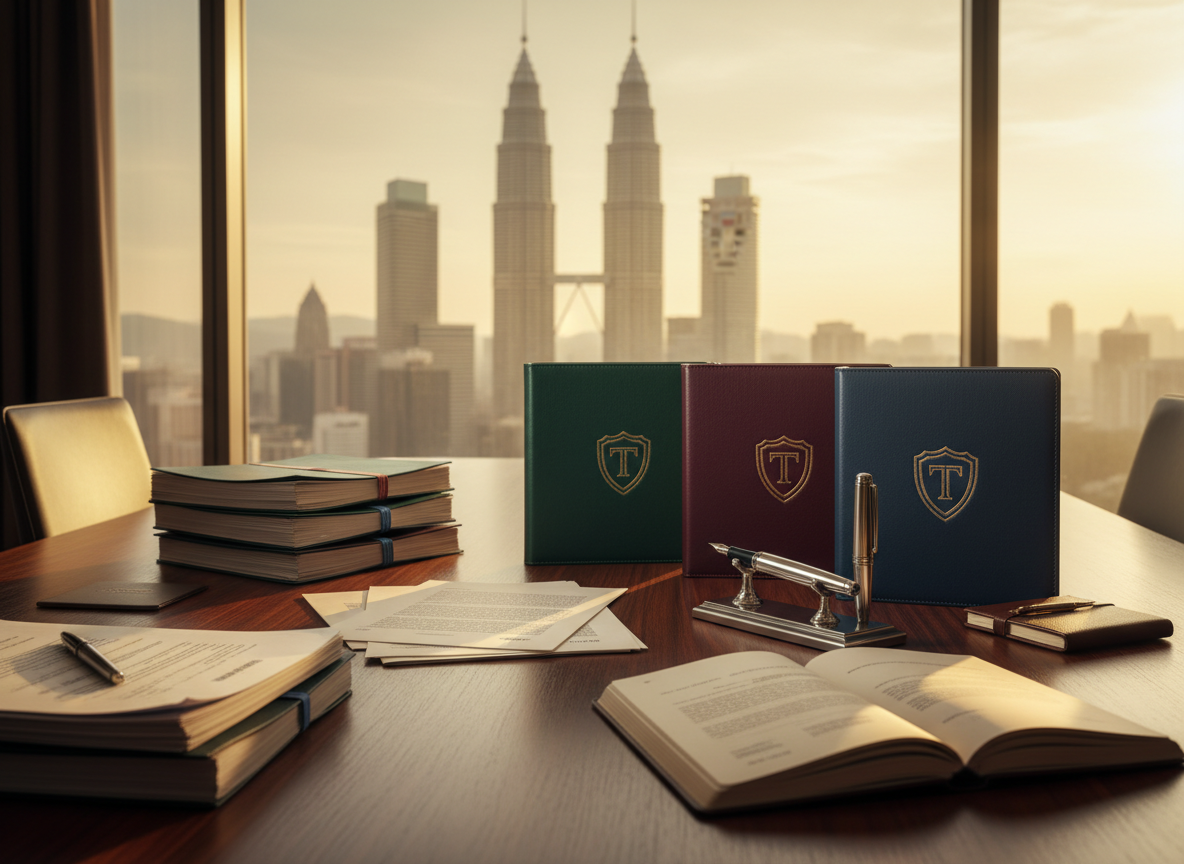 A polished dark-wood conference table arranged with neatly stacked legal documents, embossed leather folders, and a refined silver pen set, symbolizing professional trustee services. In the background, a large floor-to-ceiling window reveals a softly focused skyline of Kuala Lumpur with the Petronas Twin Towers subtly visible. Warm late-afternoon natural light pours in, creating gentle highlights on the paper edges and a soft sheen on the wood grain. The atmosphere is sophisticated and trustworthy, with a clean, uncluttered composition. Shot at eye level with moderate depth of field, photographic realism, and a modern corporate aesthetic that conveys stability, legacy planning, and meticulous asset protection without any human presence.