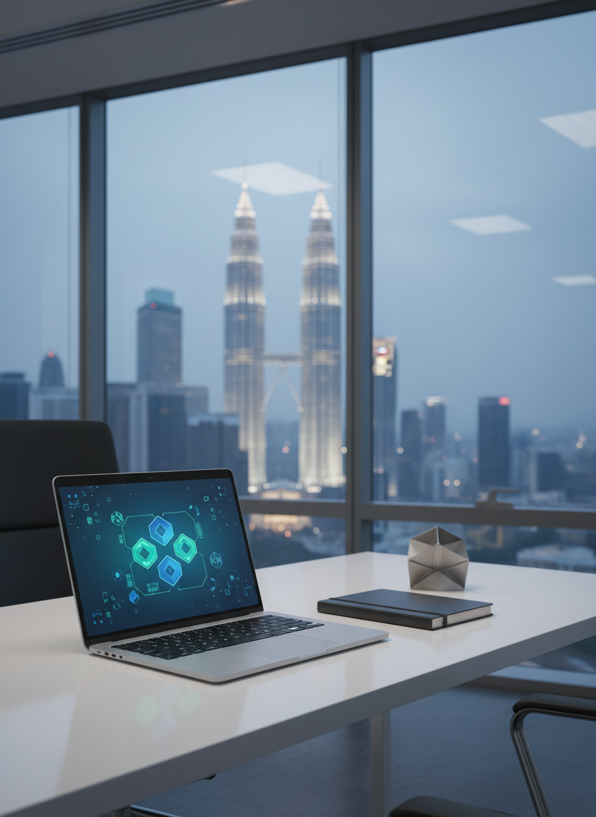 A minimalist white desk featuring an open slim laptop displaying an abstract, text-free dashboard of glowing blue and green data blocks, symbolizing AI and blockchain-based trustee solutions. Next to it, a sleek black notebook and a small geometric metal sculpture suggest structured planning. Through a large window, a softly blurred Kuala Lumpur cityscape appears under a clear evening sky. Cool, diffused office lighting blends with subtle twilight hues, casting gentle reflections on the laptop’s metallic surface. The mood is forward-thinking yet conservative, expressing innovation in Shariah-compliant asset management. Photographic realism, shot from a three-quarter angle, with a balanced, modern composition that feels precise, secure, and technologically advanced.