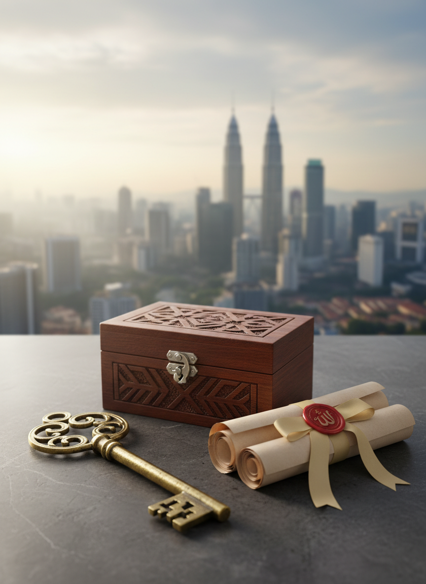 An elegant arrangement of symbolic heirloom objects—an ornate brass key, a finely carved wooden lockbox, and a stack of carefully wrapped documents sealed with a simple wax emblem—placed on a smooth stone surface. Behind them, a blurred panoramic view of Kuala Lumpur’s financial district suggests regulated, Shariah-compliant trustee services. Soft morning light filters through an unseen window, creating delicate reflections on the brass and subtle shadows under the box. The mood is calm, secure, and enduring, evoking generational wealth transfer and succession planning. Captured from a slightly elevated angle with shallow depth of field, in clean photographic realism, emphasizing legacy, continuity, and discreet asset protection.