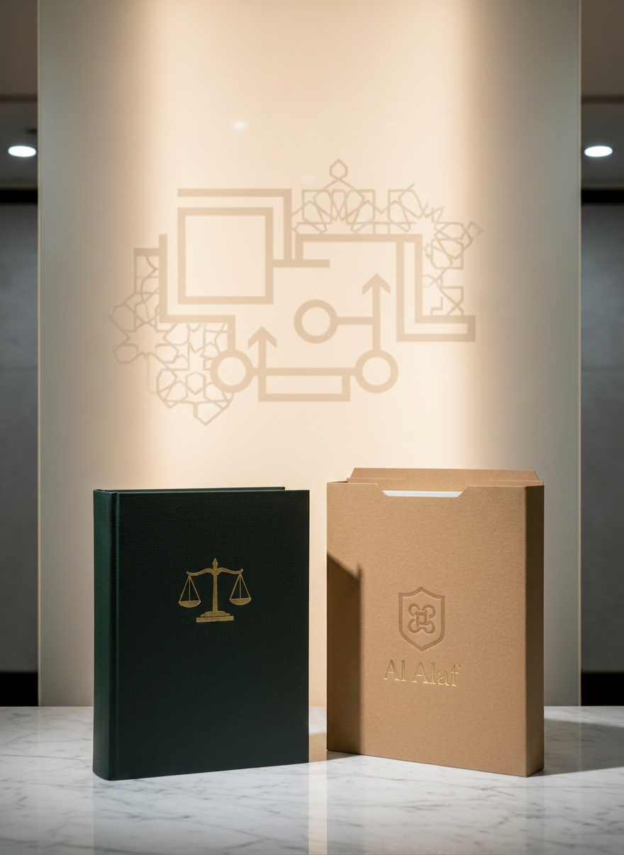 Trustee services A dignified composition of a dark green, cloth-bound legal volume stamped with gold scales of justice resting beside a finely textured tan folder labeled only with a simple embossed icon, both placed atop a marble surface. Behind them, a frosted-glass panel features softly illuminated, abstract geometric patterns suggesting regulatory bodies like SSM, BNM, and SC without any logos or text. Soft overhead lighting and subtle side lighting create a refined interplay of light and shadow, highlighting the book’s fabric texture and marble veining. The atmosphere is authoritative and compliant, reinforcing trust, governance, and meticulous oversight in trustee services. Photographic realism, eye-level framing, with a calm, balanced composition.