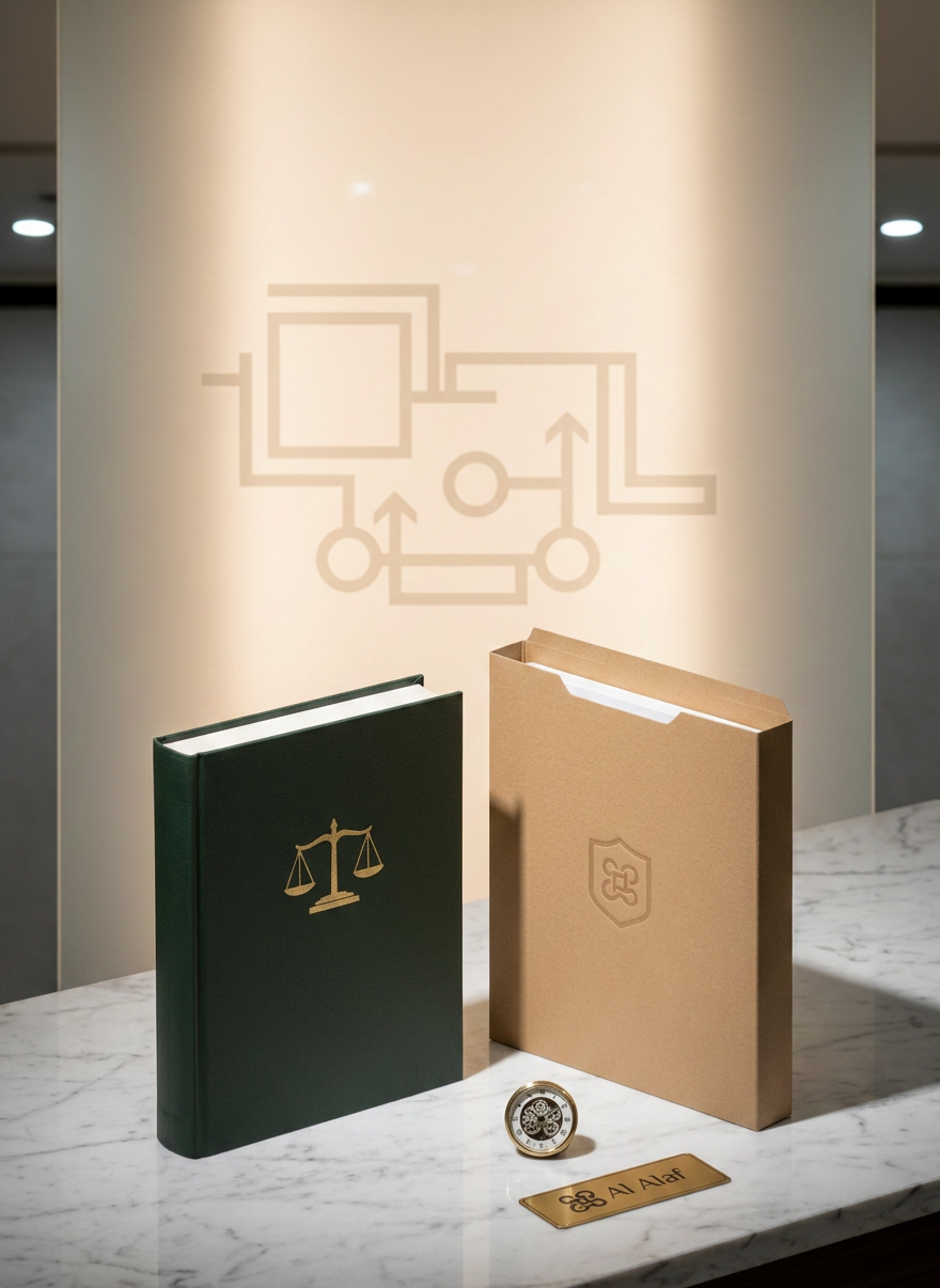 Trustee services A dignified composition of a dark green, cloth-bound legal volume stamped with gold scales of justice resting beside a finely textured tan folder labeled only with a simple embossed icon, both placed atop a marble surface. Behind them, a frosted-glass panel features softly illuminated, abstract geometric patterns suggesting regulatory bodies like SSM, BNM, and SC without any logos or text. Soft overhead lighting and subtle side lighting create a refined interplay of light and shadow, highlighting the book’s fabric texture and marble veining. The atmosphere is authoritative and compliant, reinforcing trust, governance, and meticulous oversight in trustee services. Photographic realism, eye-level framing, with a calm, balanced composition.