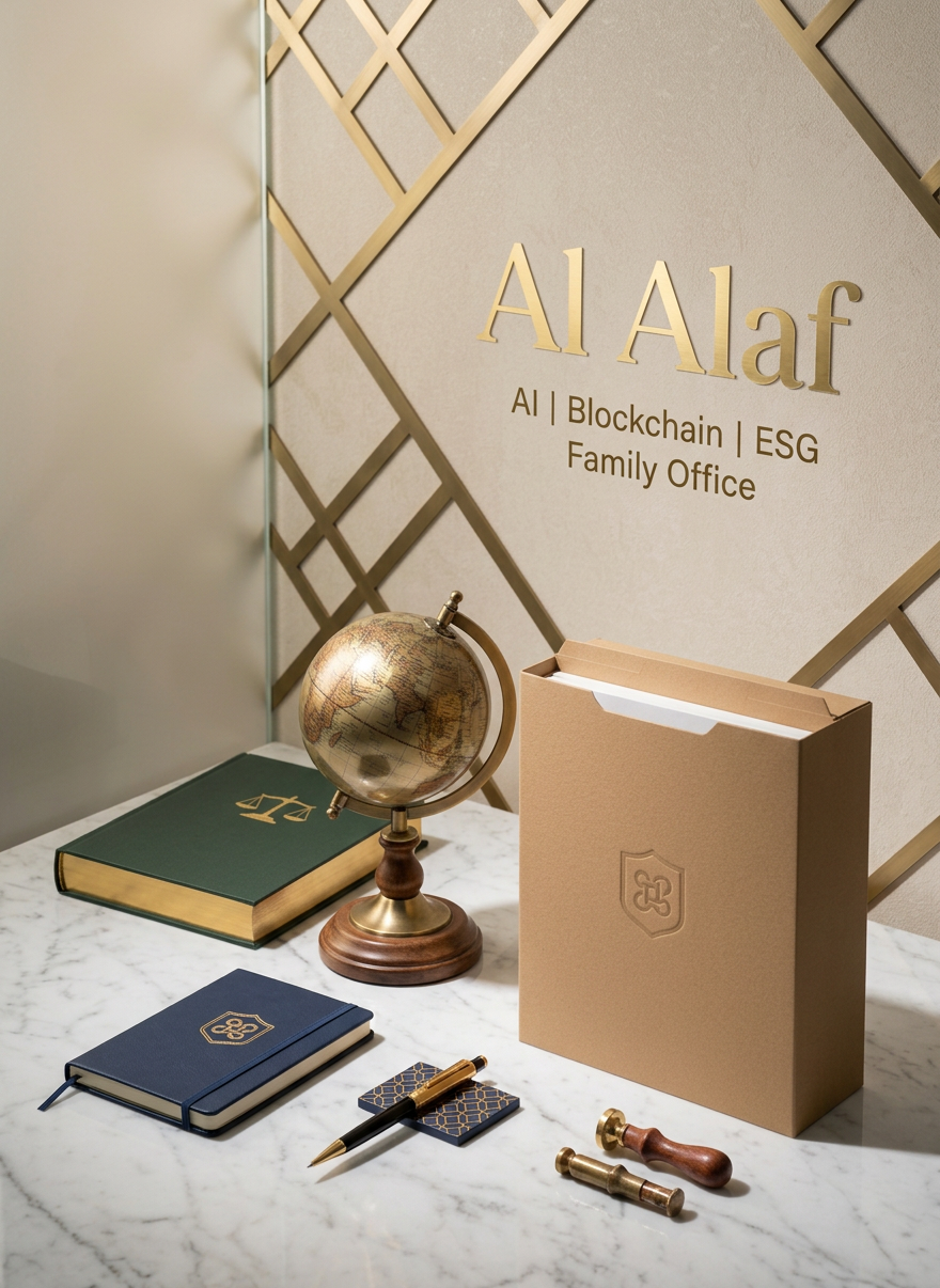 A dignified composition of a dark green, cloth-bound legal volume stamped with gold scales of justice resting beside a finely textured tan folder labeled only with a simple embossed icon, both placed atop a marble surface. Behind them, a frosted-glass panel features softly illuminated, abstract geometric patterns suggesting regulatory bodies like SSM, BNM, and SC without any logos or text. Soft overhead lighting and subtle side lighting create a refined interplay of light and shadow, highlighting the book’s fabric texture and marble veining. The atmosphere is authoritative and compliant, reinforcing trust, governance, and meticulous oversight in trustee services. Photographic realism, eye-level framing, with a calm, balanced composition.