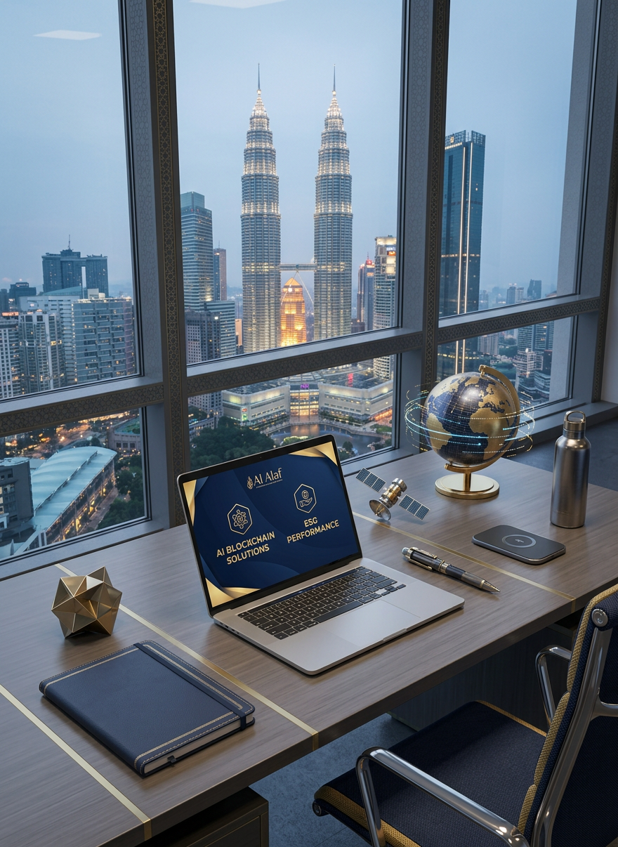 A minimalist white desk featuring an open slim laptop displaying an abstract, text-free dashboard of glowing blue and green data blocks, symbolizing AI and blockchain-based trustee solutions. Next to it, a sleek black notebook and a small geometric metal sculpture suggest structured planning. Through a large window, a softly blurred Kuala Lumpur cityscape appears under a clear evening sky. Cool, diffused office lighting blends with subtle twilight hues, casting gentle reflections on the laptop’s metallic surface. The mood is forward-thinking yet conservative, expressing innovation in Shariah-compliant asset management. Photographic realism, shot from a three-quarter angle, with a balanced, modern composition that feels precise, secure, and technologically advanced.